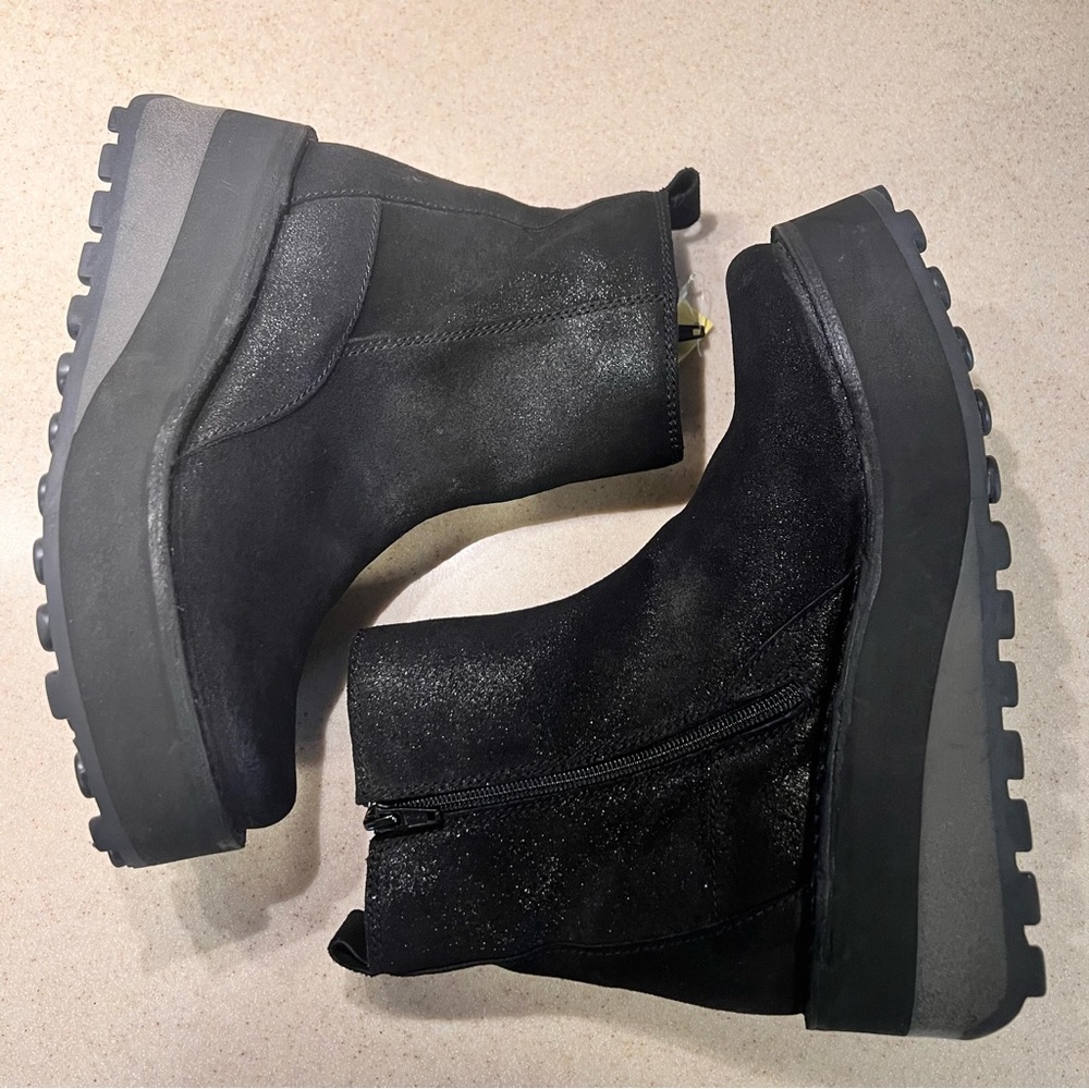 FLY London NWOB Black Glitter Wedge Ankle Booties Sz 38 - Picture 9 of 12